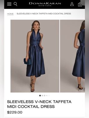 Donna Karan SLEEVELESS V-NECK TAFFETA MIDI COCKTAIL DRESS